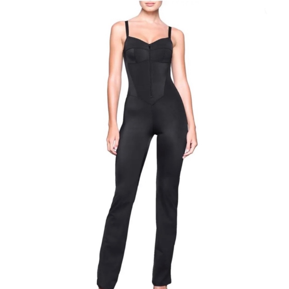 Skims Black Satin Zip Up Jumpsuit
